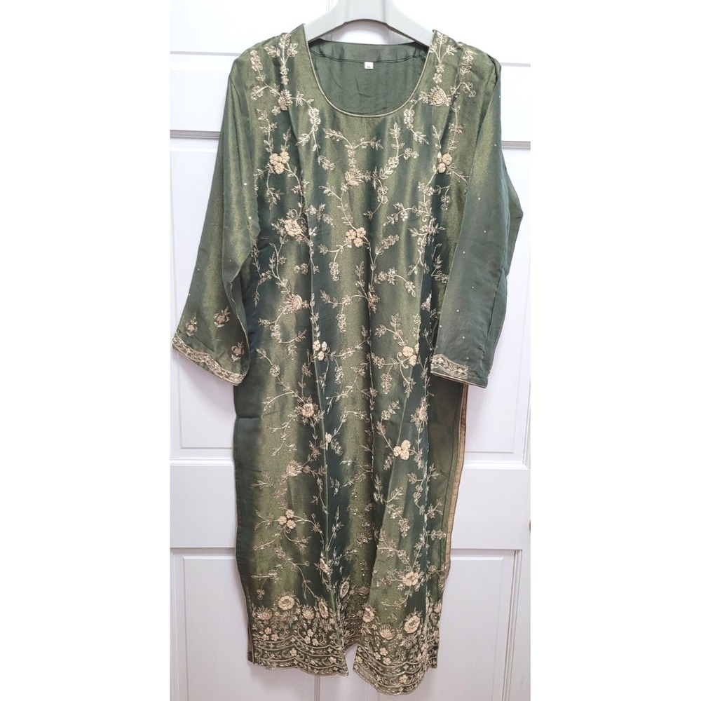 Women's 3pc Kurta Dupatta Set - Silk - Embroidered w/ Sequins - Olive Green - L